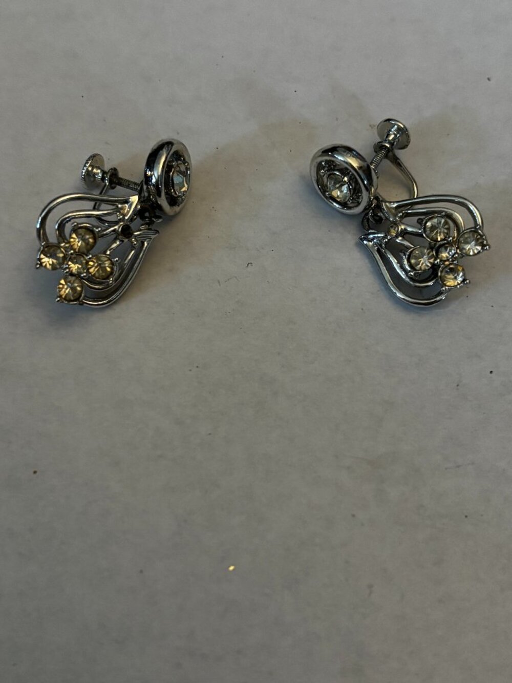 Screw back clip earrings silver tone rhinestones dangles